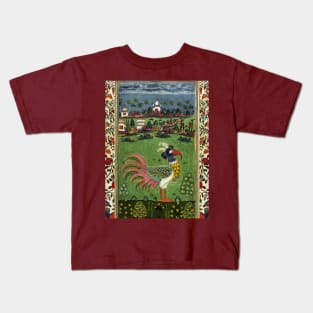 MYHTOLOGICAL BIRD WITH COLORFUL FEATHERS ,FLOWERS IN GREEN RUSTIC LANDSCAPE Antique Floral Kids T-Shirt